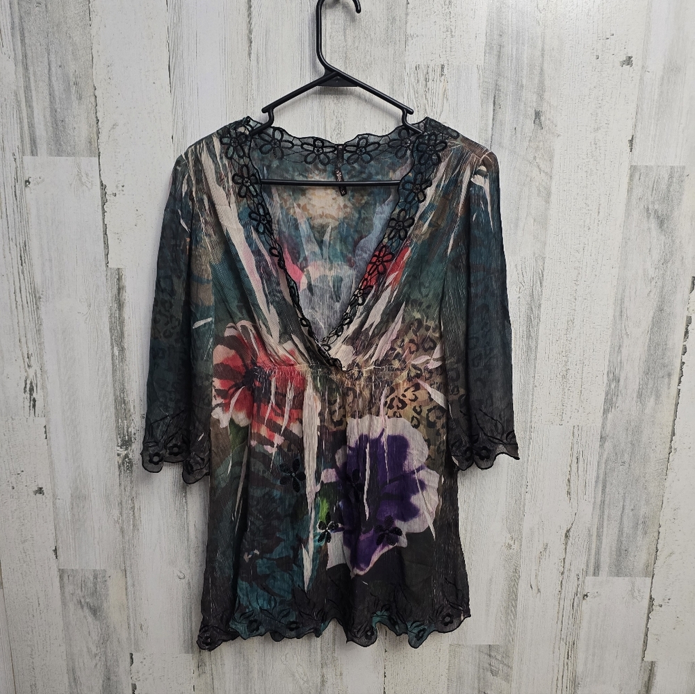 Sienna Rose Sheer Floral V-Neck Women's Top Size XL